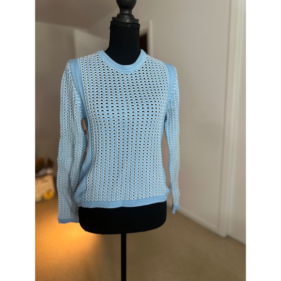 Tory Burch Sweaters - Tory Burch Light Blue White Pointelle Eyelet Knit Crewneck Sweater Womens M